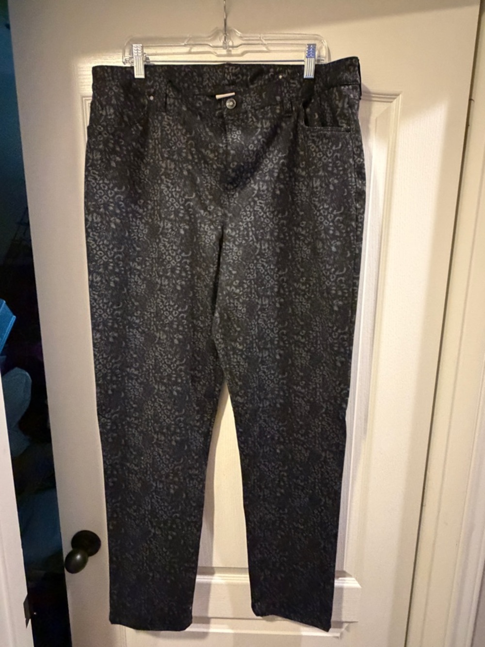 Chico's Black and Silver Subtle Leopard Jacquard Jean Style Ponte Knit Pants